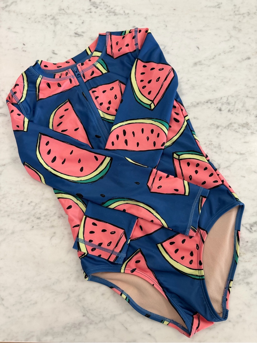 Tea Collection Blue and Pink Watermelon Zip Front Rashguard Swimsuit
